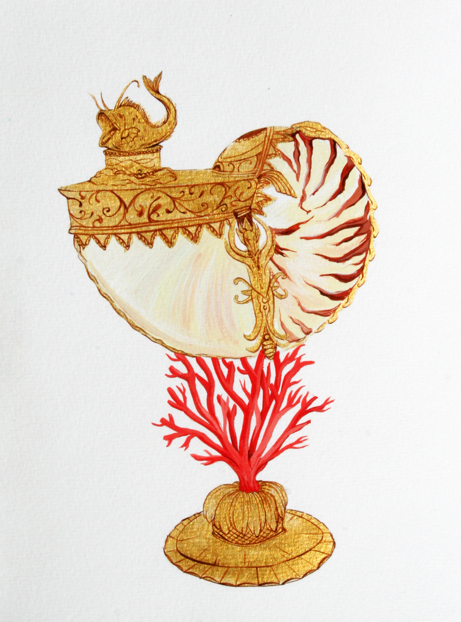 Nautilus Cup with Coral Base. gouache. 2013
Ostrich Egg with Lapis Crescent.  gouache. 2013