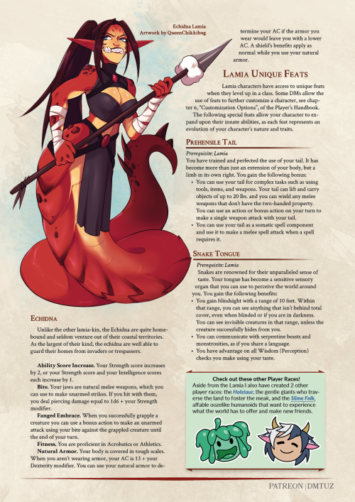 Lamia 5e Player RaceArtwork by QueenChikkibug and me!Get the full PDF on my patreon for free!Want mo