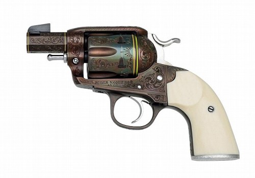 peashooter85:Custom engraved and gold inlaid Ruger Vaquero single action revolver with simulated ivo