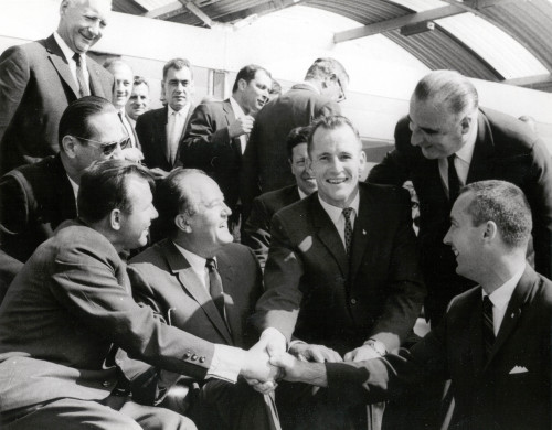 Soviet cosmonaut Yuri Gagarin (front left) shakes hand with NASA’s Gemini 4 astronauts, Edward