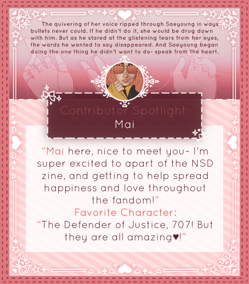  Contributor Spotlight: Mai Please welcome and thank Mai for lending her talents to NSD! Defender of