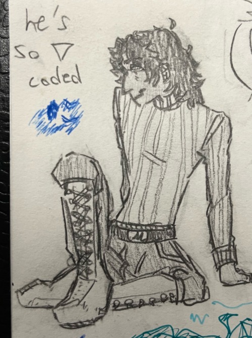 a pencil drawing of Patryck sitting down, off to the side " he's so triangle coded " is written