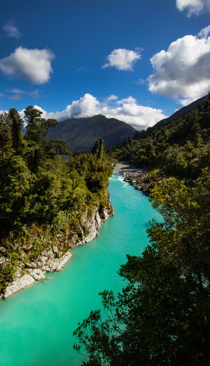 Hokitika Gorge in the west coast of the south island of New Zealand. The bright cyber cyan color of 
