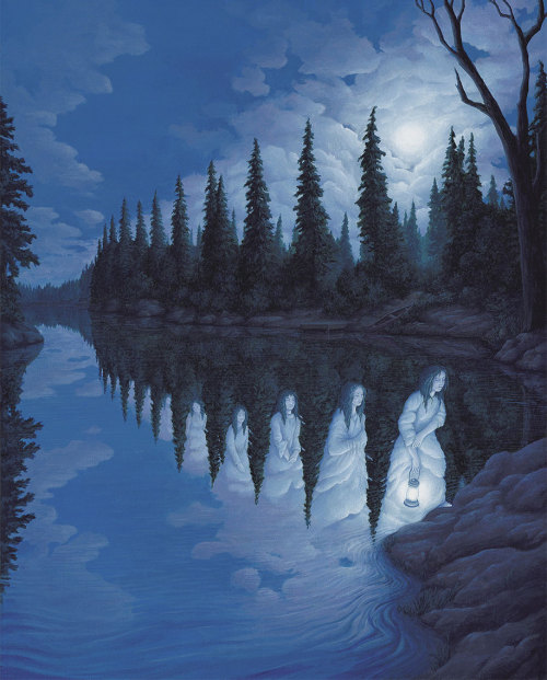 asylum-art:  Mind-Twisting Optical Illusion Paintings ByRob Gonsalves    Facebook | huckleberryfineart.com (h/t: Vaalkor)  Email Rob Gonsalves is a famous Canadian artist whose works are recognizable for their magic realism and well-planned optical