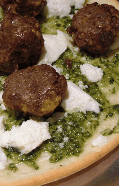GlutenFree, CaseinFree Meatball Pesto Pizza