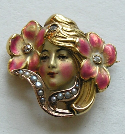  Art Nouveau Enameled Lady and Flowers Gold Brooch/Watch Pin