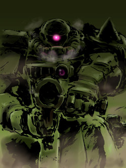 apsalusiv:  Today’s Gundam of the Day is the terrifying portrait of the Zaku-II, done by はく製風道化師! Staring down the barrel of it’s ZMP-50D 120mm Machine Gun, you know death is coming. Well, unless you’re piloting a gundam. 