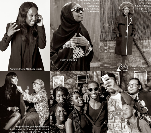 naomihitme:   Naomi,  Naomi’s Grandma Rudy, Naomi’s Mom Valerie Campell, Azzedine Alaïa, Malaika Firth, Riley Montana,  Alewya Demmisse, and Tinie Tempah photographed by Bruce Weber, Vogue UK September 2014 