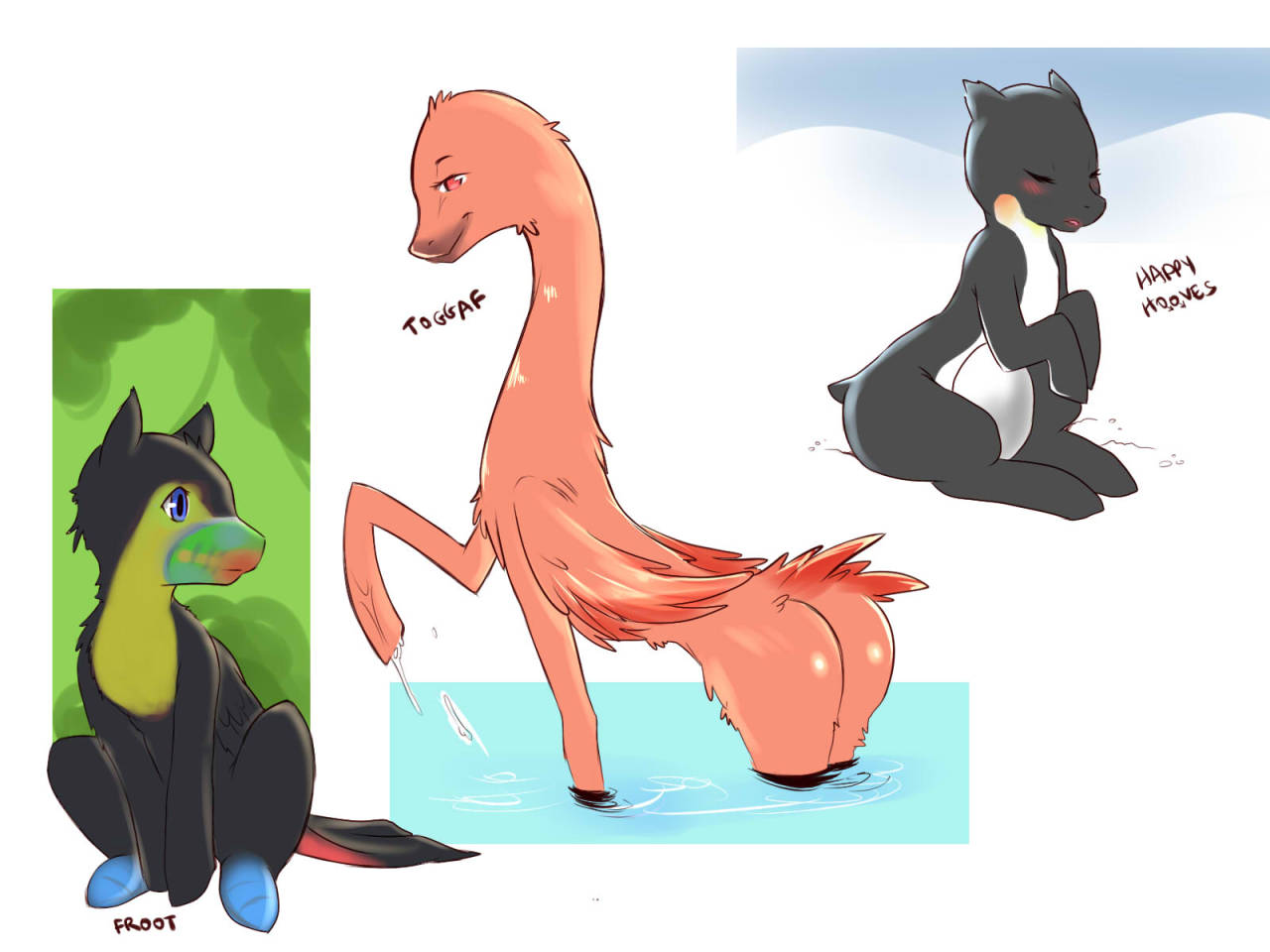 Ponified burbs.Froot - ToucanToggaf - FlamingoHappy Hooves - PenguinCrow - CrowKooki