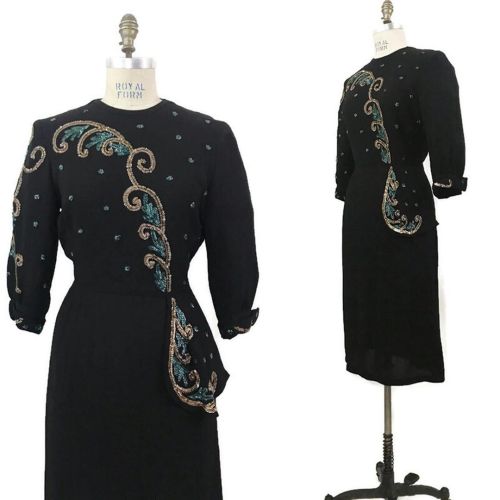 Sequin 40s dress M Black crepe with blue/green and gold tone sequin designs. Gathered elbow length s