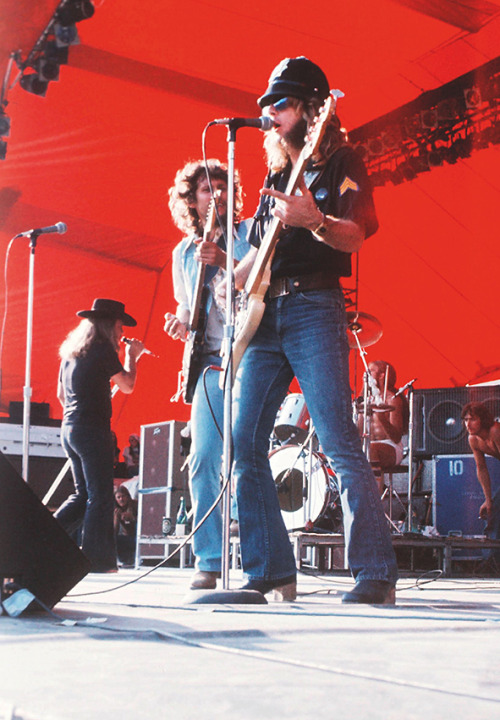 Lynyrd Skynyrd onstage Knebworth festival 1976Ronnie Van Zandt, Steve Gaines, Leon Wilkeson and Arti