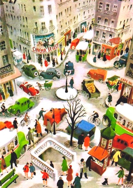 CARREFOUR D’UNE VILLE. Vintage classroom poster of a busy city intersection. Illustration by LN (Hél