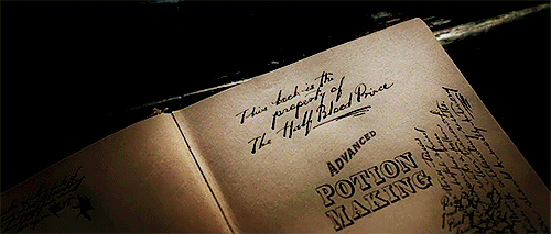 A gif shows the title page of an old copy of Advanced Potion-Making. Scribbled along the top is a note: this book is the property of the half-blood prince. A hand closes the cover of the book and swipes it from the desk it rests on.