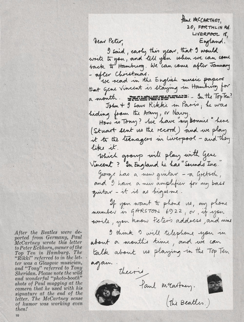 floatupstream: Paul’s letter to Peter Eckhorn, owner of the Top Ten Club in Hamburg (October 1