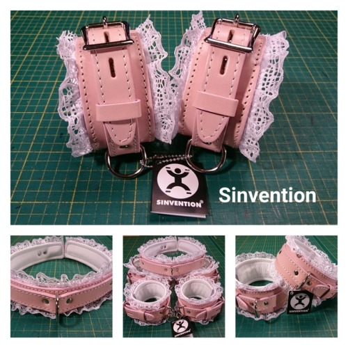sinvention-bondage-fetish: A pretty set of restraints in custom pale pink leather with white lace tr