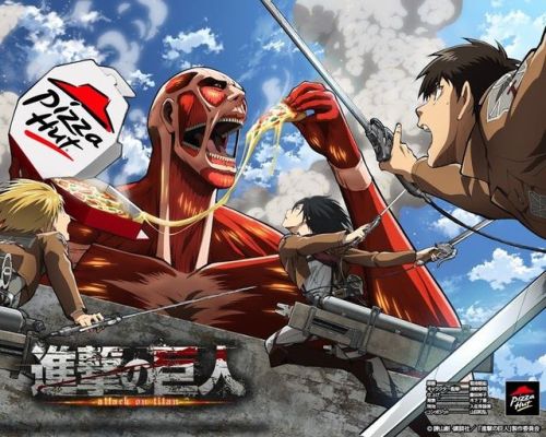 snknews:  Official Art Collection: Unique Collaboration Visuals with Titans (Part 1) Eren, Armin, Mikasa, Colossal Titan: Pizza Hut (June-July 2013) Eren, Armin, Mikasa, Levi, Sasha, Colossal Titan: Lawson (July-August 2013) Eren, Connie, Female Titan,