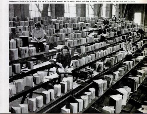 michiganpast: Drying out state library books damaged by fighting the Lewis Cass State Office Buildin