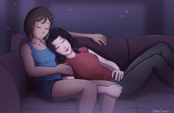 Korra and Asami falling asleep on the couch during movie night, commissioned by a patreon member!