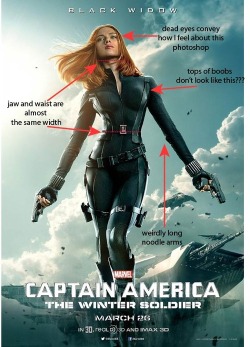 thefrogman:  A post I made for my photo blog that may give folks an insight into retouching practices. froggieslightroom:  There is a lot of photoshop controversy with the new Black Widow poster. You might have seen the above image floating around tumblr.