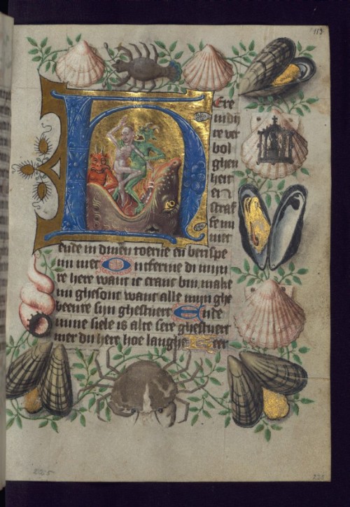 Art of the Day: Leaf from the van Alphen Hours: Initial H with Souls Cast into Hellmouth This Dutch 