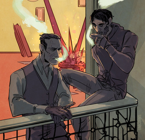 whales-and-witchcraft: older!Corvo and older!Daud meeting someplace out-of-the-way for a smoke for @