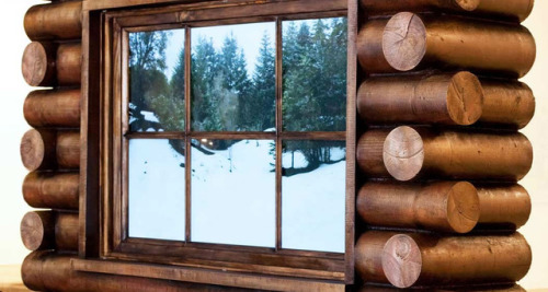 Log Cabin and Skylight: freestanding video sculptures (show a moving scene outside the “windows”) by