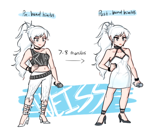 new designs for my interpretation of the rwby rock au! ^v^ the new designs (on the right) are how they look 7-8 months later after yang and blake’s dangerous fight with adam’s band, white fang, and putting the band on a hiatus due to blake and yang’s