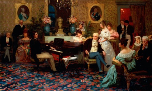 il-nero-virtuoso:“ Chopin Playing The Piano In Prince Radziwill’s Salon, 1887 “ Oil On Canvas. By Ar