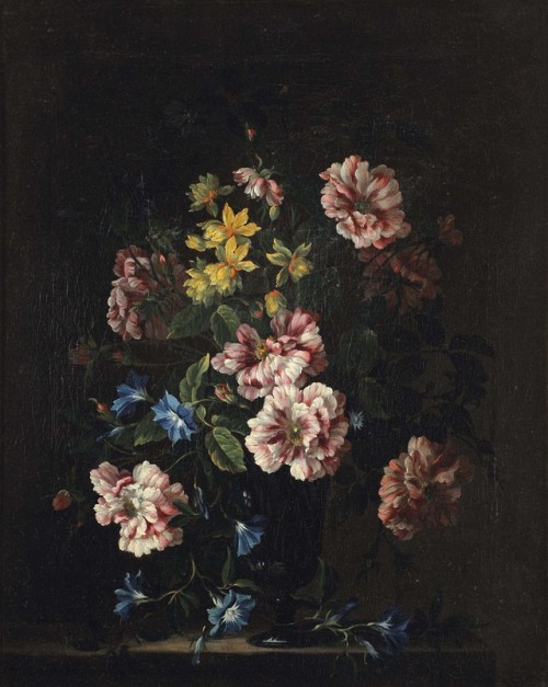 Simon Hardimé  (1672 - 1737)A still life with roses, violets, narcissi and other flowers in a glass 