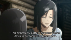 kirschtin:  actual-eren:  he-wants-the-doitsu:  im sTILL LAUGHING  can i point out that this scene was originally hardcore as fuck mikasa wasn’t learning no fuckin embroidery shit  she had her family symbol carved into her wrist  holy shit why did they