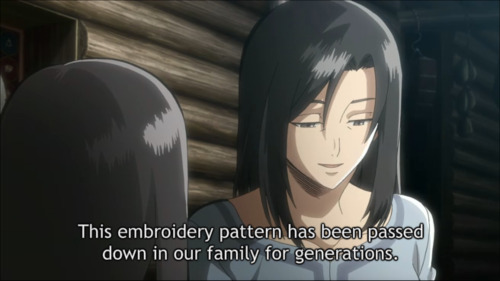actual-eren:  he-wants-the-doitsu:  im sTILL LAUGHING  can i point out that this scene was originally hardcore as fuck mikasa wasn’t learning no fuckin embroidery shit  she had her family symbol carved into her wrist 