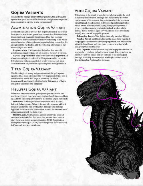 probablyadrpgideas: After 3 months Kovaud’s Kaiju Field Guide is finished! This is only 10 out of the 56 pages as Tumblr does in fact have an image limit for image posts. A whole 56 pages containing 2 new races, 4 new subclasses, 29 new monsters, and