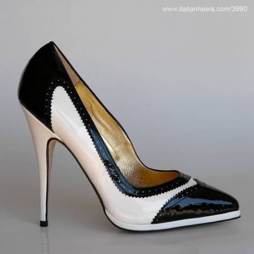 Black &amp; white patent leather 5inch high heels singlesole stiletto shoes. 100% made in Italy.