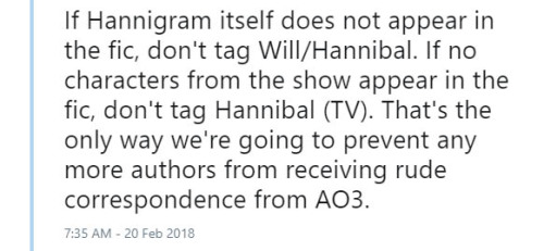 vulcanplomeeksoup:  avidreadr2004: shiphitsthefan:   If you’ve missed the latest fandom wank, here’s what’s going on. Madancy fics tagged “Hannibal (TV)” have been reported to AO3 as being tagged incorrectly, even when the “Hannibal (TV)