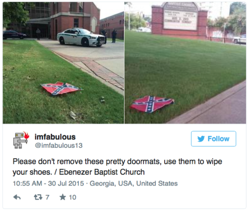 stonerscully:  hysteriffic:  micdotcom:  4 Confederate flags were found at an MLK historical site in Georgia Employees of Atlanta’s historically black Ebenezer Baptist Church arrived to a grim surprise Thursday morning: four Confederate battle flags