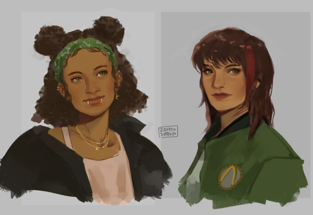 headshot drawings of sasha and fiona. sasha has her hair up in twin buns with a green headband, black jacket off the shoulders and an off-white tanktop. she has twin lip piercings and multie gold earrings. fiona has longer hair in a style similar to a mullet, wearing a green bomber jacket w the vault symbol on the right breast. she has an eyebrow and nose piercing in gold as well.