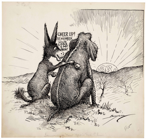 Democratic New Year&rsquo;s Eve Cheer, a political cartoon by Clifford Berryman, shows the donkey (D