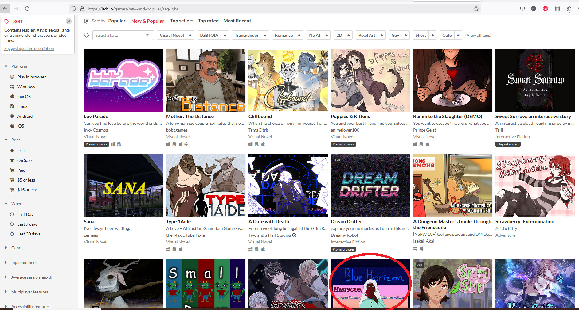 blue horizon: hibiscus, and the loved garden paths of raj rivera is high up in the new & popular section of the lgbt tag on itchio