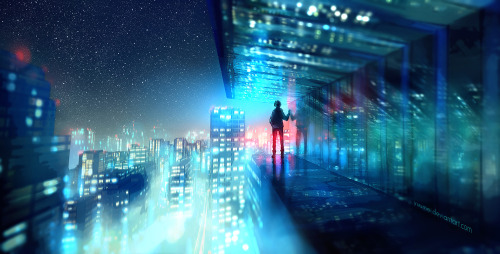 yuumei-art:The urban jungle that never sleeps. Bright city lights masquerade as the stars above. A r