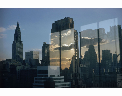 New York City skyline at sunset, with the Chrysler Building 1957