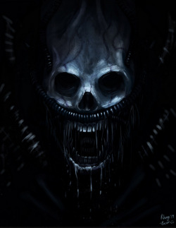 newgrounds:  Giger painted by Rhunyc in tribute to H.R. Giger’s passing. 