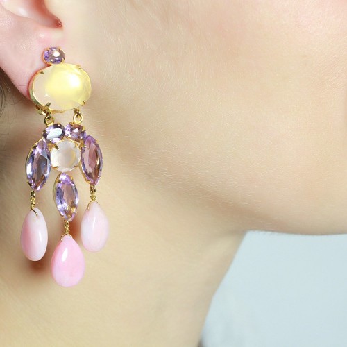Amethyst, Rose Quartz, and Pink Opal Chandelier Earrings 