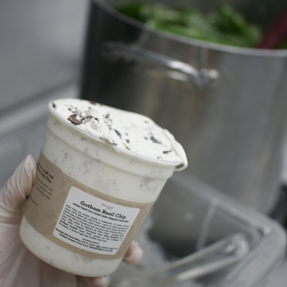 milkmadeicecream:  The making of flavor #107, Basil Chipfresh basil ice cream with