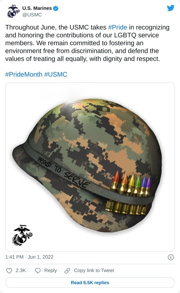 Throughout June, the USMC takes #Pride in recognizing and honoring the contributions of our LGBTQ service members. We remain committed to fostering an environment free from discrimination, and defend the values of treating all equally, with dignity and respect.#PrideMonth #USMC pic.twitter.com/MOyvFmyJiB — U.S. Marines (@USMC) June 1, 2022