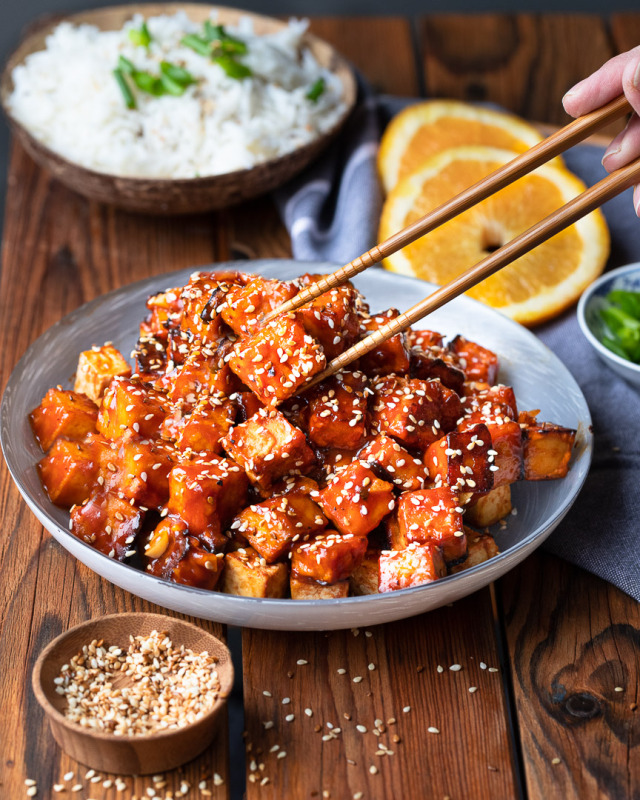 bowl of sticky vegan orange sesame 