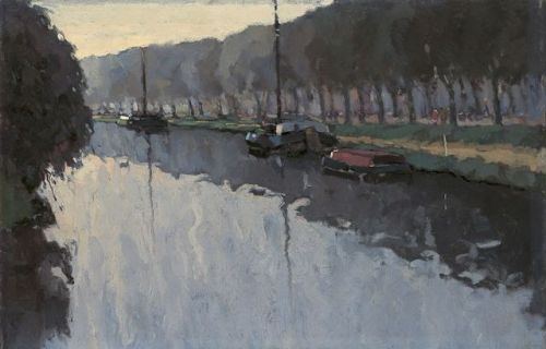 Raoul Hynckes (1893-1973) - Moored Boats in the Drenthe Hoofdvaart c.1915. Oil on canvas.
