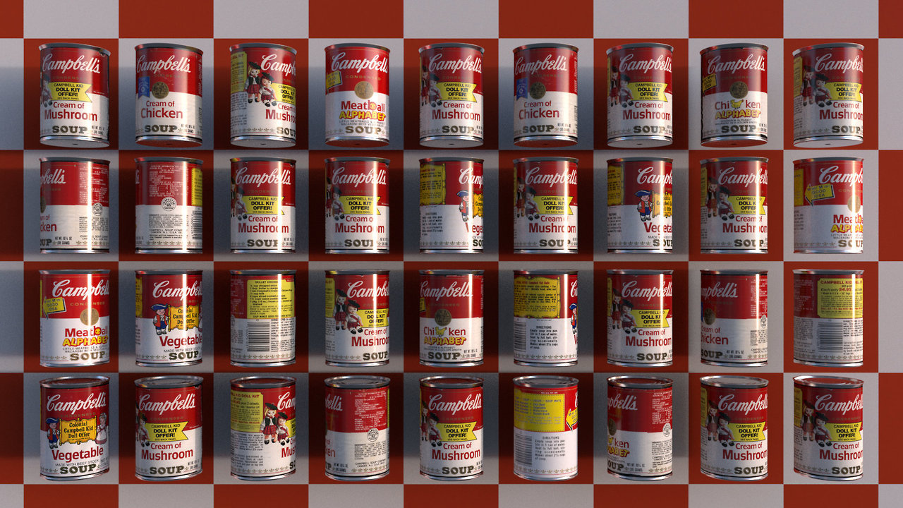 Homage to Andy Warhol’s Campbell’s Soup Cans
This one is a bit different since the original isn’t intended to be photorealistic. I was a bit lazy… so this was fairly easy to model and render!