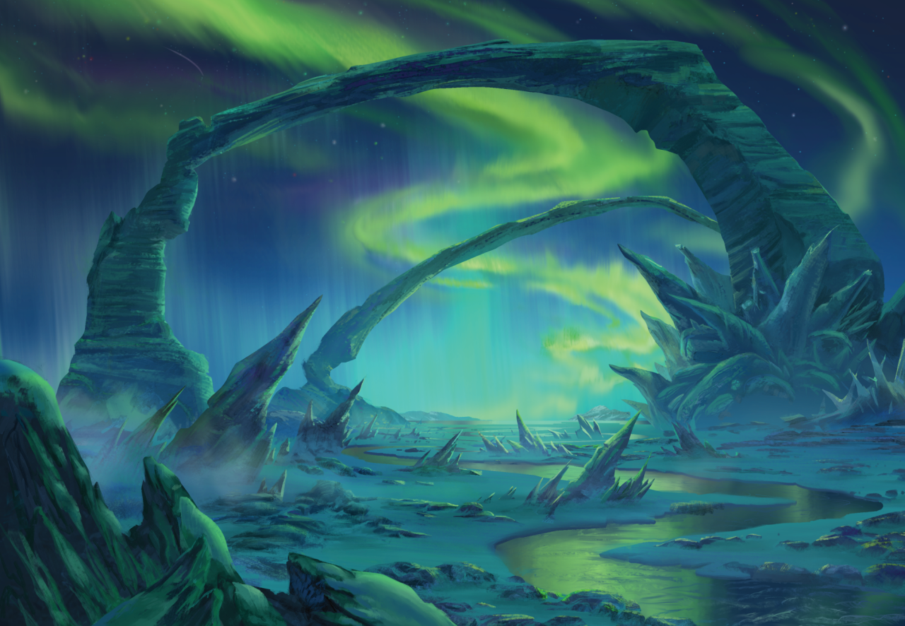 An illustration of a frigid landscape covered in ice and snow. The northern lights light up the sky in a lurid green glow as great naturally formed stone arcs curve through the sky. A river meanders through the frozen snow caked tundra.