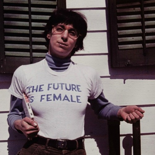 h-e-r-s-t-o-r-y:Alix Dobkin wearing FUTURE IS FEMALE tee shirt, the slogan for NYC’s first woman’s b
