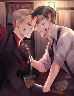 crimson-chains:We’re now allowed to post the pics we did from the @yoimafiazine :DHere are my two pieces ^^First one being likeA meeting of two bosses o3oThe second being related to my mafia AU :D